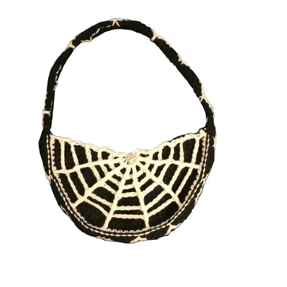 Crochet Spiderweb Halloween Handbag Purse Black White Shoulder Strap Spooky Goth - Picture 1 of 6